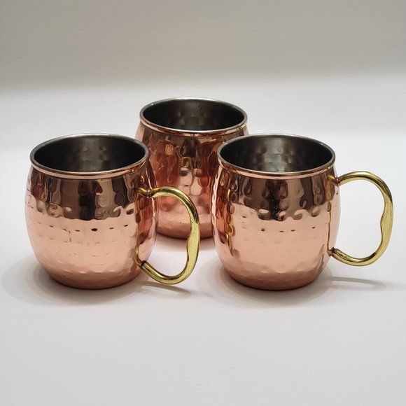 Hammered Copper Moscow Mule Mugs Brass Handles Set Of 3 Pre Owned - Picture 2 of 5